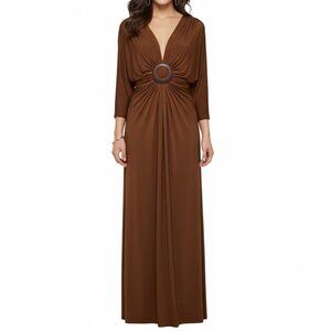 Metrostyle Women's Slinky Jersey Dress V-Neck Ruched Buckle Mid-Calf Brown Sz L